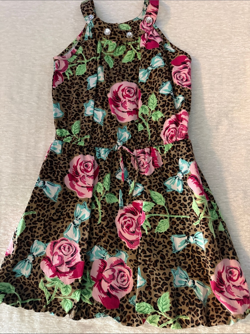 Girls Floral Leopard Halter Dress with Pink Roses